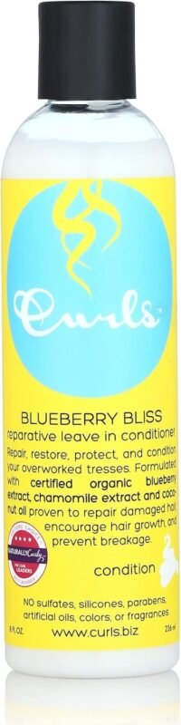 Curls Blueberry Bliss Reparative Leave-In Conditioner, acondicionador sin enjuague apto para el método Curly