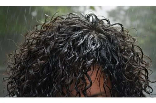 pelo rizado con frizz con un clima humedo con lluvia