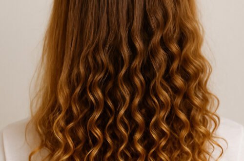 Cabello mixto mostrando raíces lisas y puntas rizadas bien definidas en una melena castaña clara sobre fondo neutro