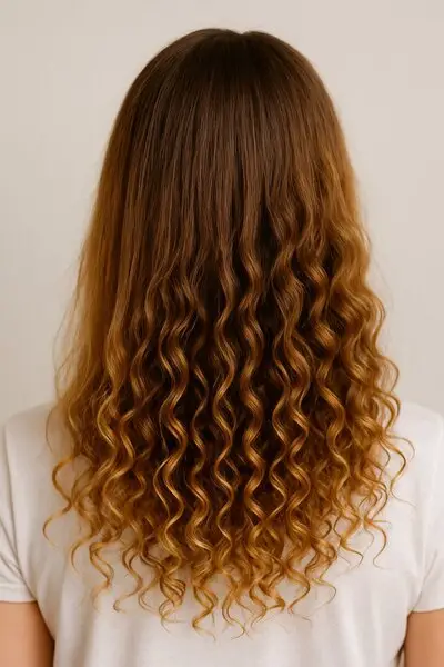 Cabello mixto mostrando raíces lisas y puntas rizadas bien definidas en una melena castaña clara sobre fondo neutro