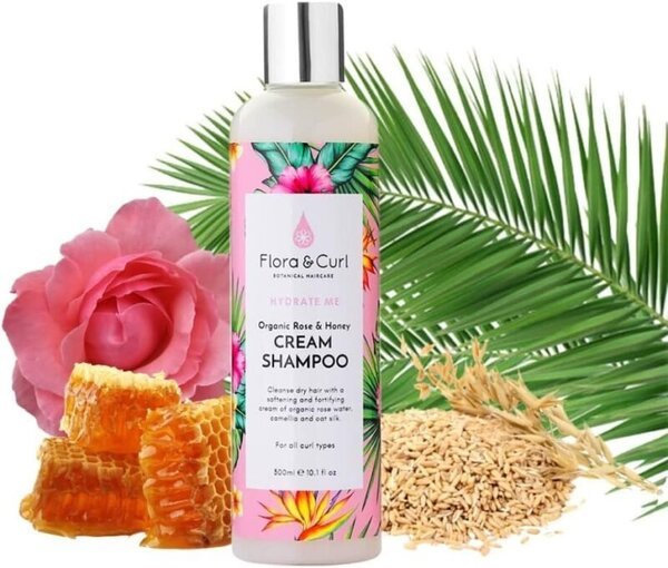 Flora & Curl Rose Water & Honey Shampoo, champú low poo con agua de rosas y miel para ondas 2C, limpia sin resecar y controla el frizz