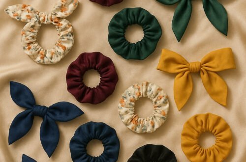 Scrunchie para cabello rizado de colores variados, con y sin lazo, sobre tela de seda color champán