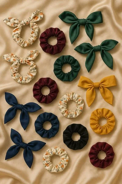 Scrunchie para cabello rizado de colores variados, con y sin lazo, sobre tela de seda color champán