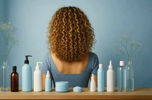 Mujer con cabello rizado fino vista desde atrás, rodeada de productos capilares sobre fondo azul claro, ideal para ilustrar una rutina para porosidad baja