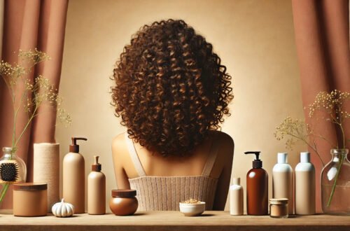 Melena rizada vista desde atrás con rizos definidos, naturales y sin frizz, rodeada de productos para porosidad media y cabello medio