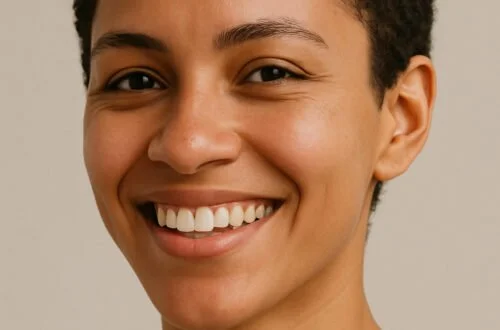 Mujer latina generada con IA con cabello rizado corto y natural tras el big chop, sonriendo con seguridad y orgullo