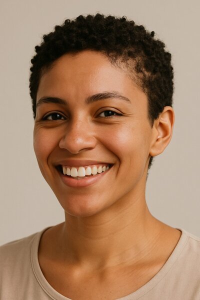 Mujer latina generada con IA con cabello rizado corto y natural tras el big chop, sonriendo con seguridad y orgullo