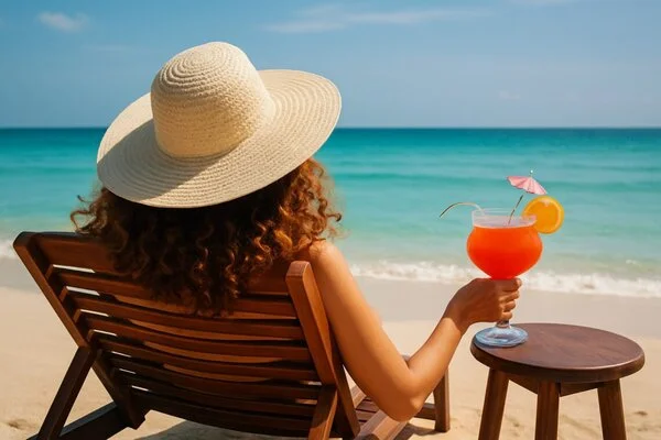 Mujer generada con IA, preparando su cabello rizado a la llegada del verano, tumbada al sol en la playa bajo una pamela, sosteniendo un cóctel junto al mar