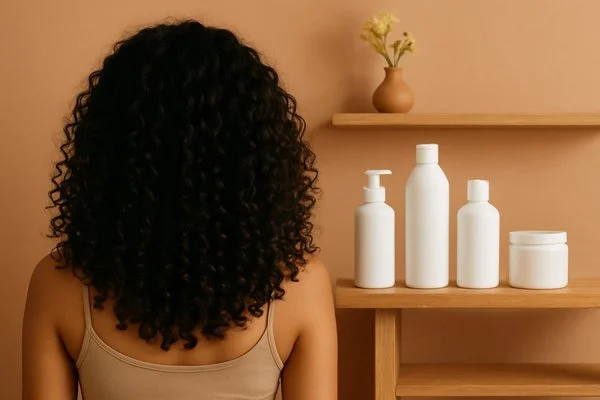 Mujer generada por ia de espaldas con cabello rizado con productos para una rutina de porosidad baja y cabello medio.