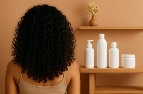 Mujer generada por ia de espaldas con cabello rizado con productos para una rutina de porosidad baja y cabello medio.