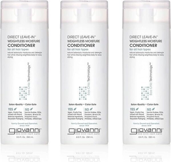 Acondicionador leave-in Giovanni Direct, hidratación ligera para ondas 2B sin apelmazar, ideal para desenredar y definir con volumen natural