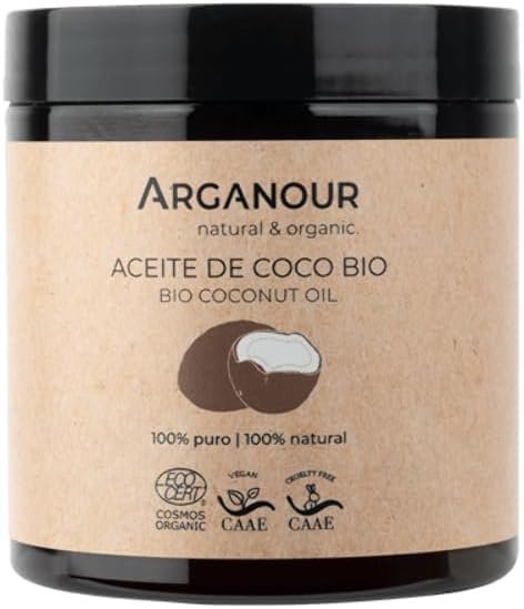 Aceite de coco virgen prensado en frío Arganour, ideal como tratamiento prelavado para cabello seco y apto para el Método Curly