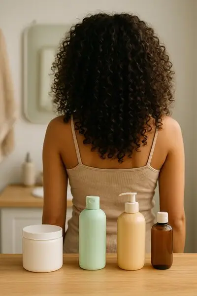 generada por ia Mujer con cabello rizado tipo 3B en baño luminoso junto a acondicionadores sin marca, imagen para ranking de productos aptos para el método Curly