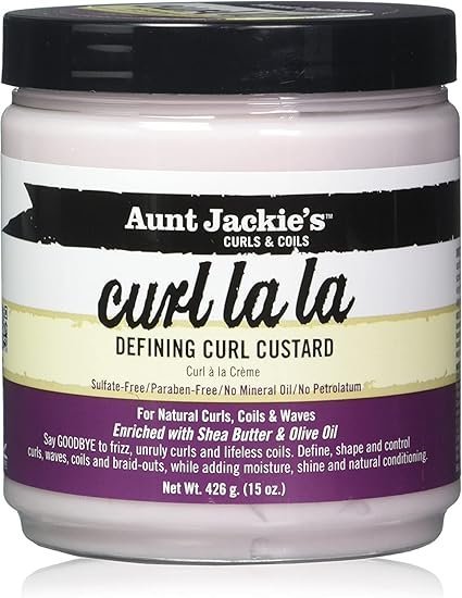 Crema custard Aunt Jackie's Curl La La para definir rizos tipo 3 y 4 sin siliconas, apta para el Método Curly