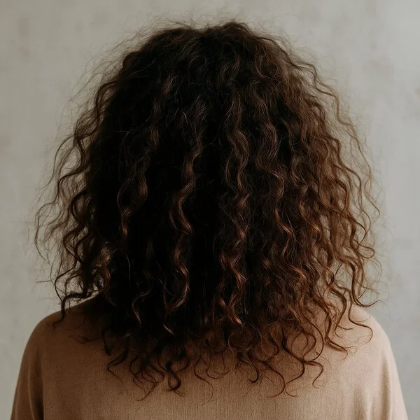 generada por ia Melena rizada con frizz, resequedad y pérdida de definición causada por exceso de proteínas en el cabello, ejemplo de protein overload en el Método Curly