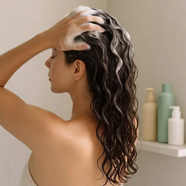 imagen generada por IA, mujer con cabello ondulado usando champu low poo