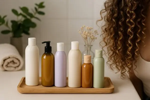 generada por ia Siete botes de champús veganos sobre bandeja de madera junto a melena rizada tipo 2B-3A, en baño luminoso y natural, aptos para el método Curly