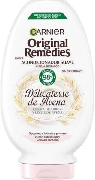 Acondicionador Garnier Delicatesse de Avena 250 ml, suave y nutritivo, perfecto para rizos finos y cueros cabelludos sensibles en el método Curly