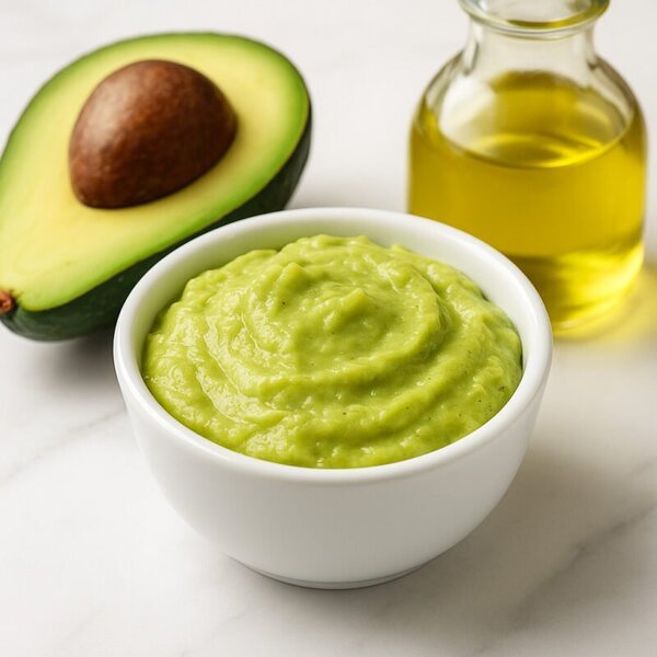 imagen generada por IA, mascarilla casera de aguacate en bol blanco junto a medio aguacate y aceite de oliva sobre encimera de mármol clara
