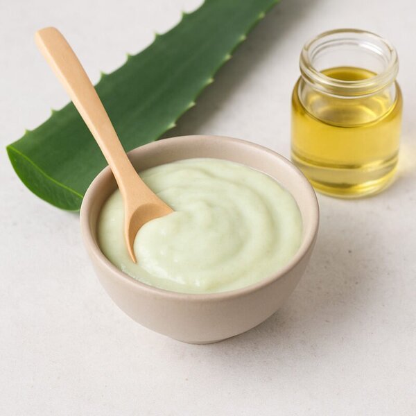 imagen generada por IA, mascarilla casera de aloe vera y aceite de ricino en bol beige con cuchara de madera, junto a hoja de aloe y frasco de aceite