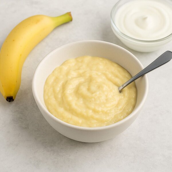 imagen generada por IA, mascarilla casera de plátano y yogur en bol beige con cuchara, junto a un plátano entero y un cuenco de yogur sobre encimera clara