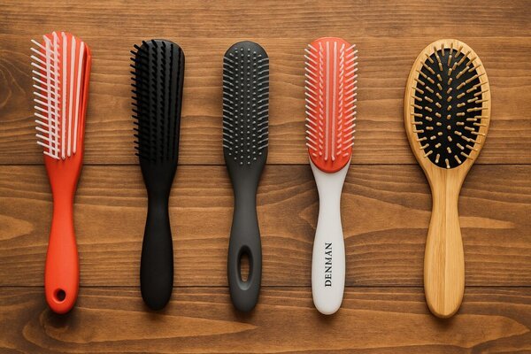 generada por ia Cinco cepillos para rake and shake dispuestos sobre madera, ideales para definir rizos en el Método Curly