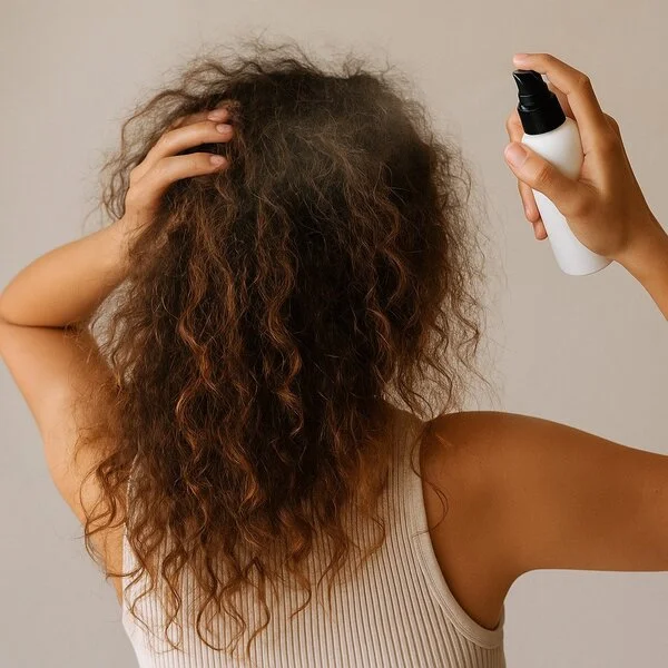 imagen generada por ia Melena rizada con frizz mientras una mujer aplica spray con la mano, ejemplo de rutina rápida para definir rizos en poco tiempo
