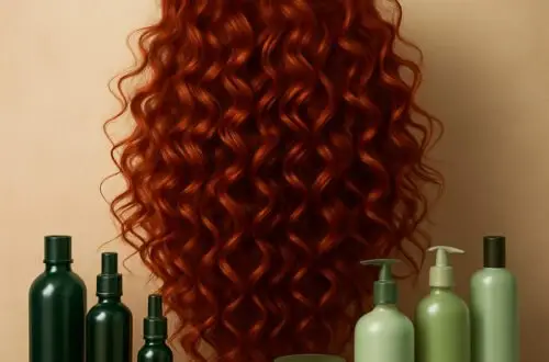 generada por ia Melena roja rizada y voluminosa con porosidad baja y cabello grueso sobre fondo beige y marrón claro escena de cuidado capilar natural