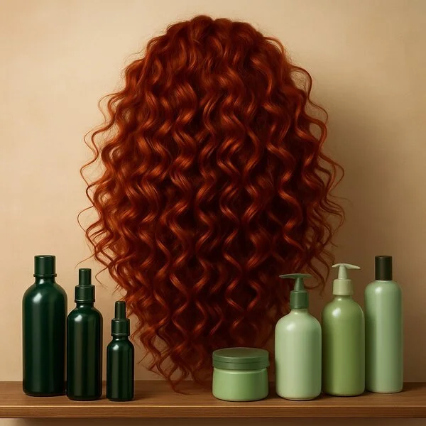 generada por ia Melena roja rizada y voluminosa con porosidad baja y cabello grueso sobre fondo beige y marrón claro escena de cuidado capilar natural