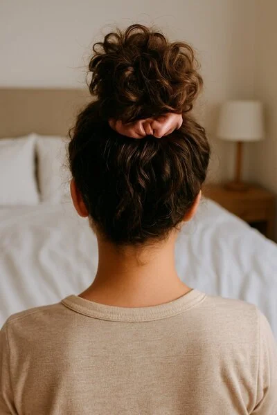 generada por ia Peinado protector pineapple con scrunchie de satén oro rosa en dormitorio, ideal para proteger rizos durante la noche