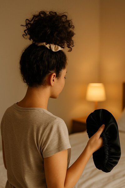 generada por ia Mujer con rizos recogidos en piña nocturna usando scrunchie de satén beige, preparándose para dormir con gorro de satén en la mano, método Curly