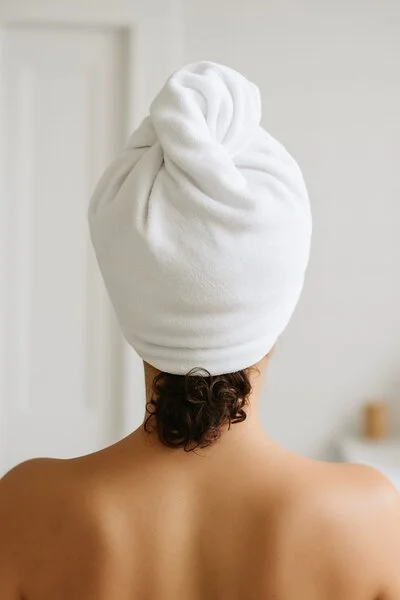 generada por ia Cabello rizado envuelto en toalla blanca con técnica de plopping, ideal para definir rizos sin frizz