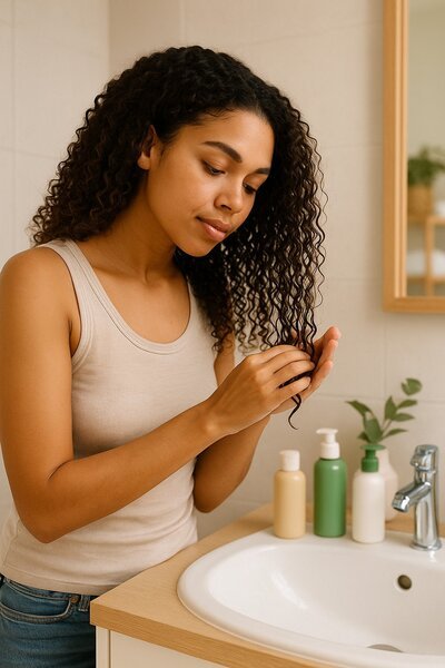 imagen generada por ia Mujer aplicando producto multiusos en rizos húmedos frente al lavabo, con varios botes sin marca visibles sobre encimera, imagen para rutina curly