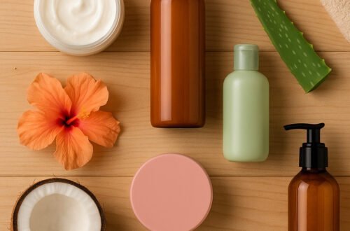 generada por ia Productos sin siliconas sobre fondo de madera, ideales para el Método Curly en 2025