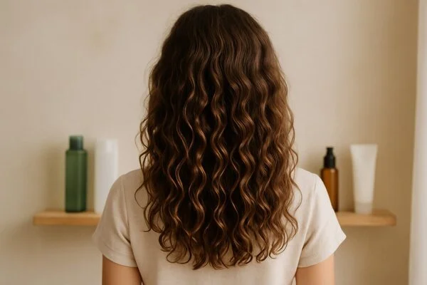 imagen generada por ia Melena ondulada tipo 2A vista desde atrás, con ondas suaves y definidas, ideal para el método Curly