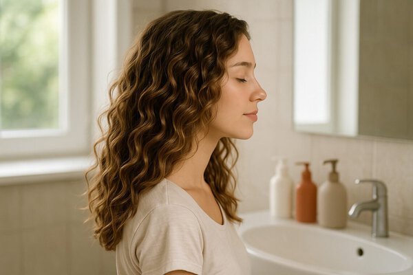 generada por ia Mujer con ondas 2B definidas frente al lavabo de un baño, junto a cuatro botes neutros sin marca, imagen para rutina método Curly para cabello ondulado