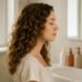 generada por ia Mujer con ondas 2B definidas frente al lavabo de un baño, junto a cuatro botes neutros sin marca, imagen para rutina método Curly para cabello ondulado