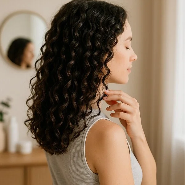 imagen generada por IA, mujer con ondas 2C bien definidas tocando su melena frente al espejo, en un ambiente suave y natural estilo método Curly