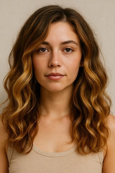 imagen generada por IA de balayage suave en rizos tipo 3A con fondo neutro