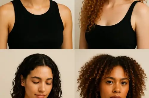 imagen generada por IA de collage con cuatro mujeres de distintos tipos de rizos mostrando la tendencias en cortes, volumen y cuidado capilar en 2025