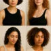 imagen generada por IA de collage con cuatro mujeres de distintos tipos de rizos mostrando la tendencias en cortes, volumen y cuidado capilar en 2025