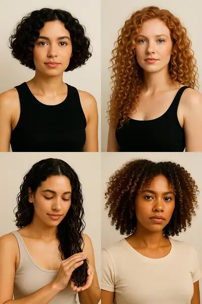 imagen generada por IA de collage con cuatro mujeres de distintos tipos de rizos mostrando la tendencias en cortes, volumen y cuidado capilar en 2025