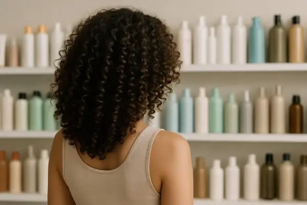 imagen generada por IA de mujer con rizos definidos observando productos capilares, representando la curiosidad sobre los productos Isima método Curly