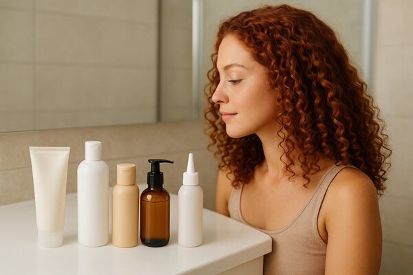 imagen generada por IA de mujer con rizos color cobre observando productos para cabello rizado en el baño, para ranking de mejores productos método Curly