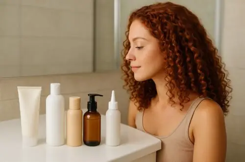 imagen generada por IA de mujer con rizos color cobre observando productos para cabello rizado en el baño, para ranking de mejores productos método Curly