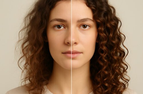 Imagen generada por IA. Comparativa visual de una mujer con rizos encrespados a la izquierda y rizos definidos a la derecha, tras aplicar productos para reactivar rizos.