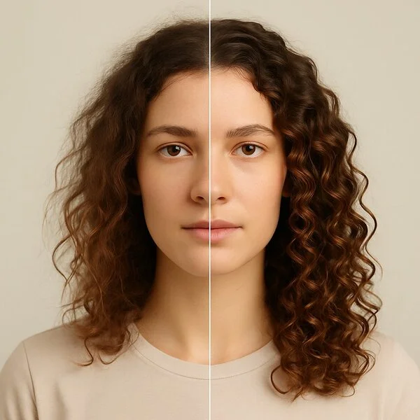 Imagen generada por IA. Comparativa visual de una mujer con rizos encrespados a la izquierda y rizos definidos a la derecha, tras aplicar productos para reactivar rizos.