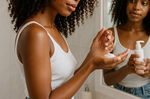 imagen generada por IA de mujer con cabello rizado tipo 3B aplicando producto apto para el metodo curly en el baño
