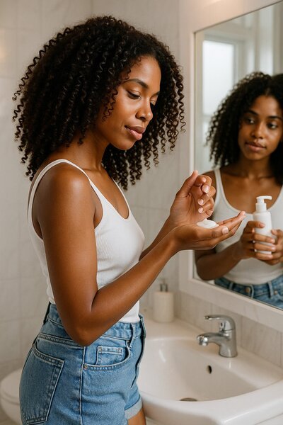 imagen generada por IA de mujer con cabello rizado tipo 3B aplicando producto apto para el metodo curly en el baño