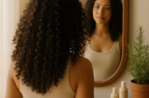 imagen generada por IA de una mujer con cabello rizado observando su reflejo en un espejo, para desmitificar que el cabello rizado crece mas lento